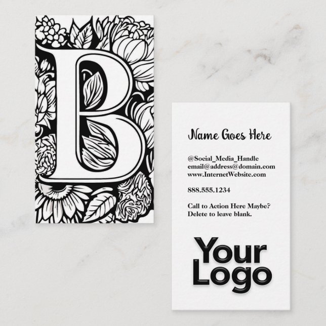 Monogrammed B Floral Black and White Company Logo  Business Card (Front/Back)
