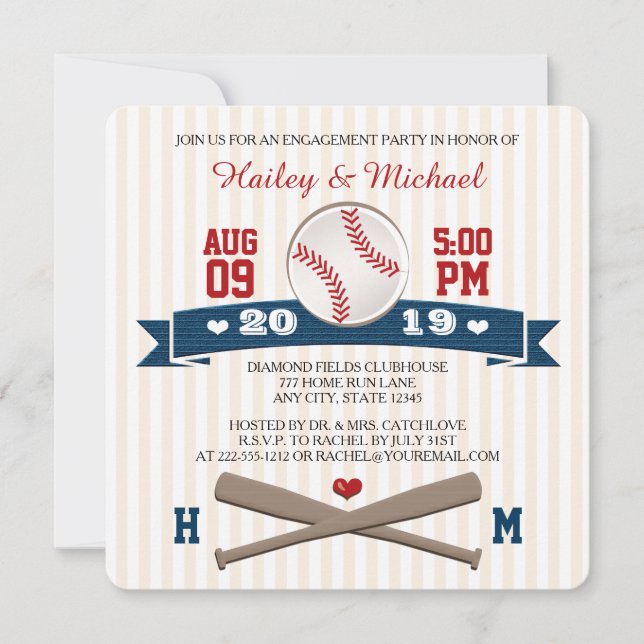 MONOGRAMMED BASEBALL ENGAGEMENT PARTY INVITATION (Front)