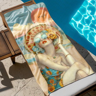 Monogrammed Beach Vibes Summer Glamour Girl Beach Towel