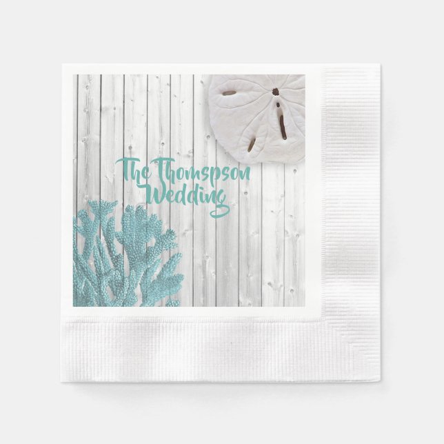 Monogrammed  Beach Wood Teal Coral Paper Napkins (Front)