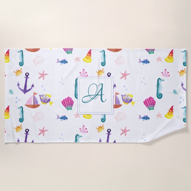Monogrammed Beachhut Kids Bathroom Ocean Life Sea Beach Towel (Front)