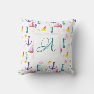 Monogrammed Beachhut Kids Bathroom Ocean Life Sea Cushion