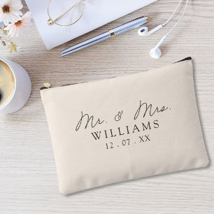 Monogrammed Beige Elegant Script Wedding Favour Accessory Pouch