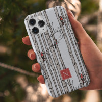 Monogrammed Birch Trees and Red Cardinal Birds