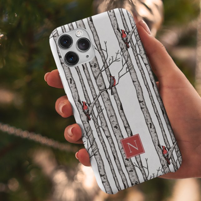 Monogrammed Birch Trees and Red Cardinal Birds Case-Mate iPhone Case (Modern Hand-Drawn Birch Trees with Red Cardinal Birds Perched on Branches. Personalize with Monogram)