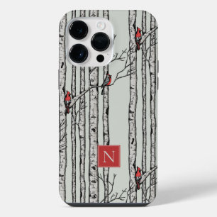 Monogrammed Birch Trees and Red Cardinal Birds iPhone 14 Pro Max Case