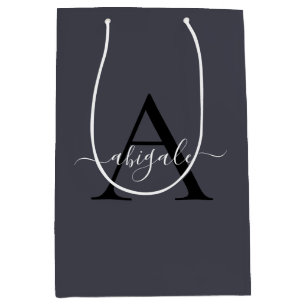 Monogrammed Black Anchor Grey   Minimal Elegant Medium Gift Bag