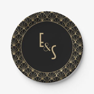 Monogrammed Black and Gold Art deco Wedding Party  Paper Plate