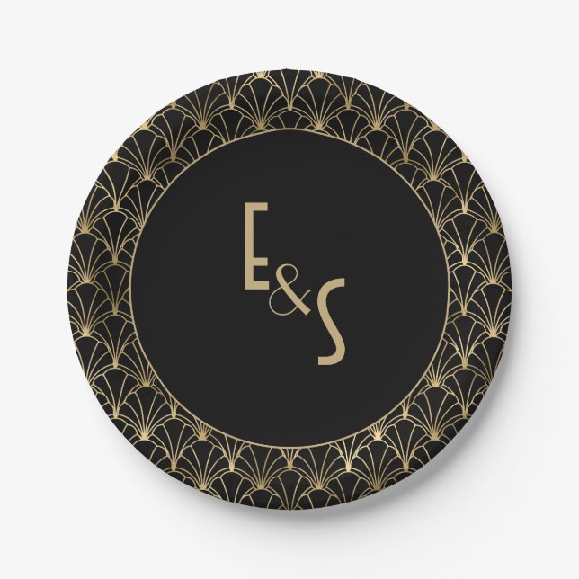 Monogrammed Black and Gold Art deco Wedding Party  Paper Plate (Front)
