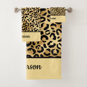 Monogrammed Black and Gold Leopard Print Cheetah   Bath Towel Set