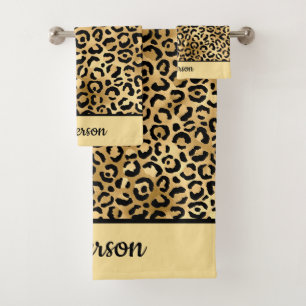 Monogrammed Black and Gold Leopard Print Cheetah   Bath Towel Set
