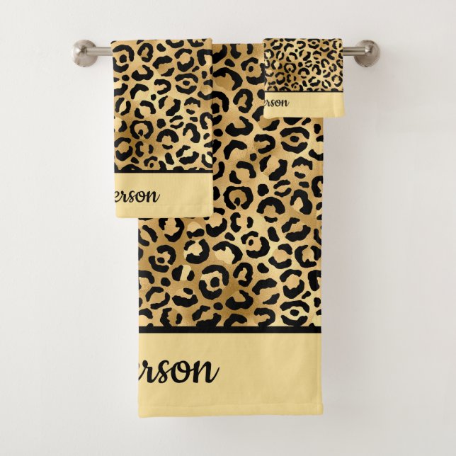 Monogrammed Black and Gold Leopard Print Cheetah   Bath Towel Set (Insitu)