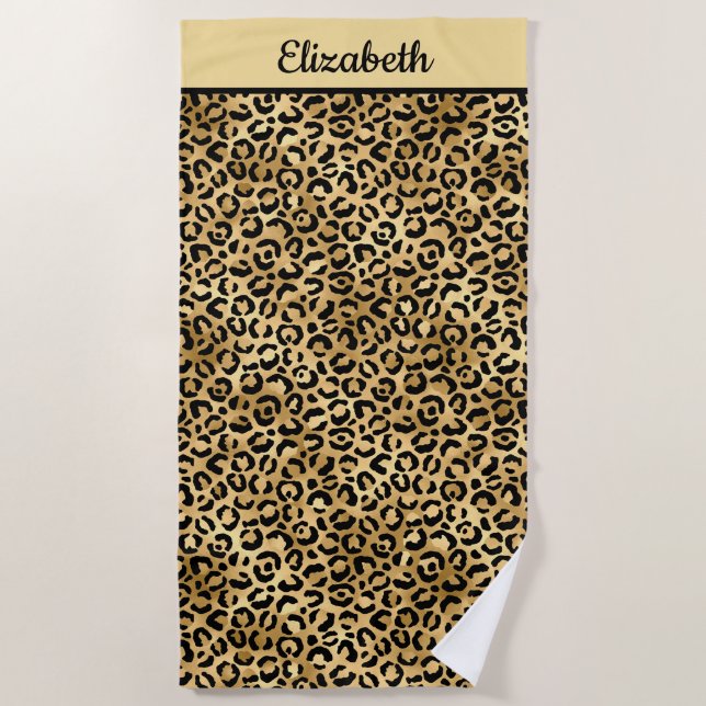 Monogrammed Black and Gold Leopard Print Cheetah Beach Towel (Front)