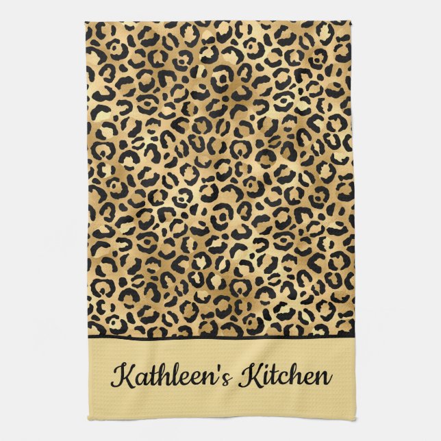 Monogrammed Black and Gold Leopard Print Cheetah Tea Towel (Vertical)