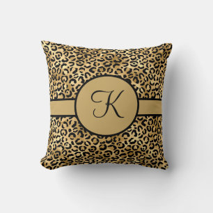 Monogrammed Black and Gold Leopard Print Cushion