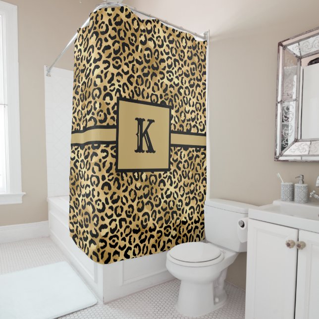 Monogrammed Black and Gold Leopard Print Shower Curtain (In Situ)