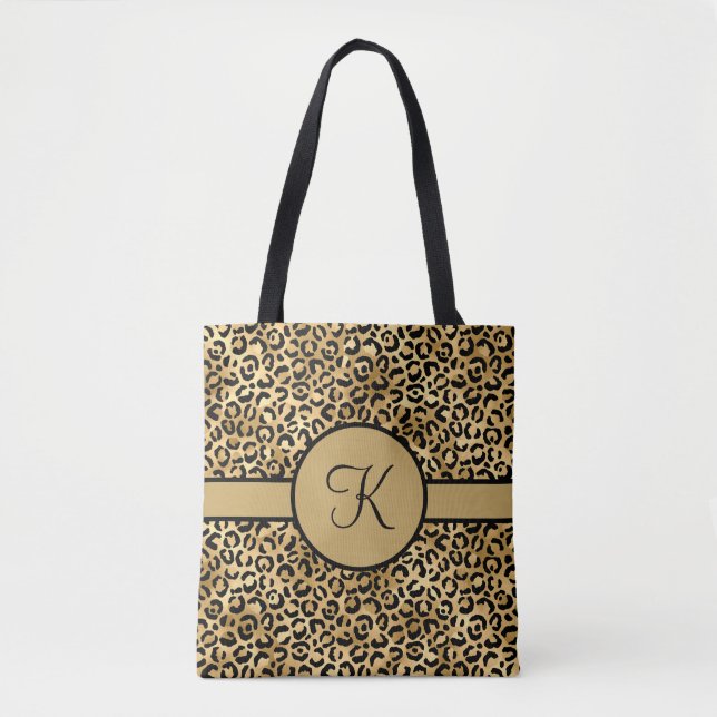 Monogrammed Black and Gold Leopard Print Tote Bag (Front)