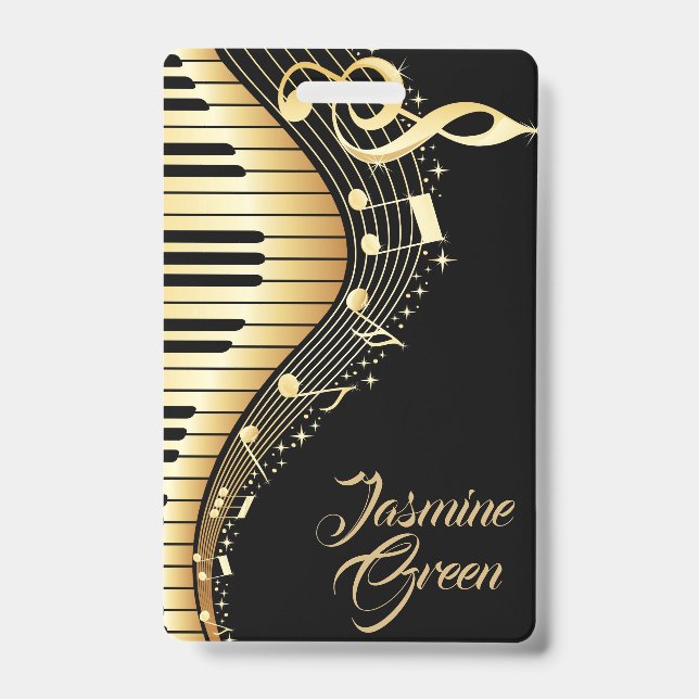 Monogrammed Black And Gold Music Notes ID Badge (Front)