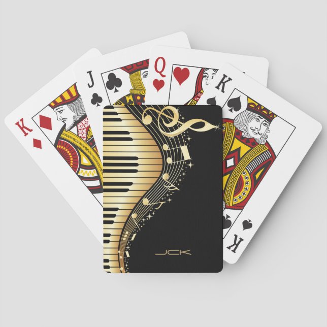 Monogrammed Black And Gold Music Notes Playing Cards (Back)