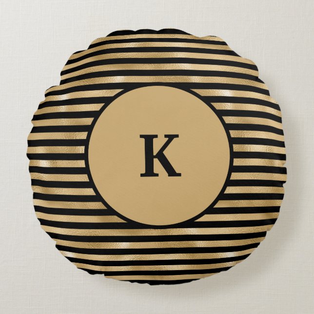 Monogrammed Black and Gold Striped Chic Modern  Round Cushion (Front)