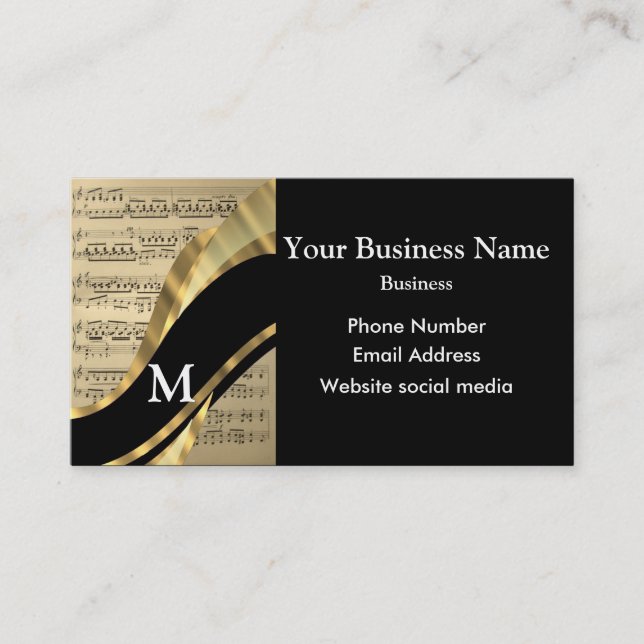 Monogrammed black and music sheet pattern business card (Front)