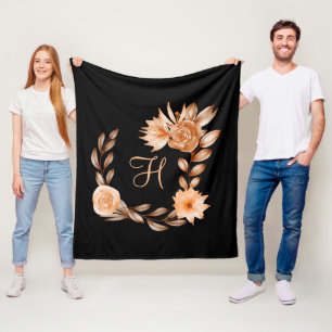 Monogrammed Black and Peach Floral Fleece Blanket