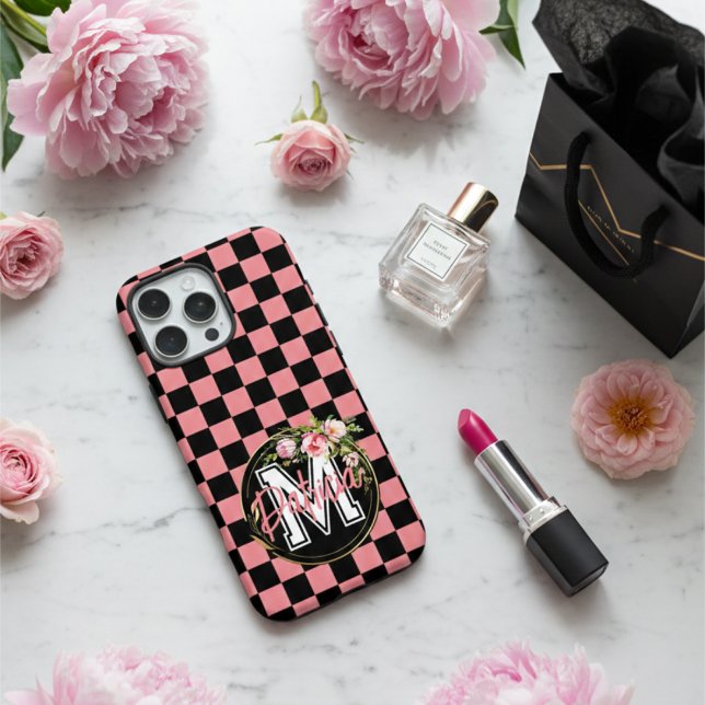 Monogrammed black and PINK Chequered Flower Case-Mate iPhone Case (Creator Uploaded)