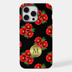 Monogrammed Black and Red Floral Poppies iPhone 15 Pro Max Case