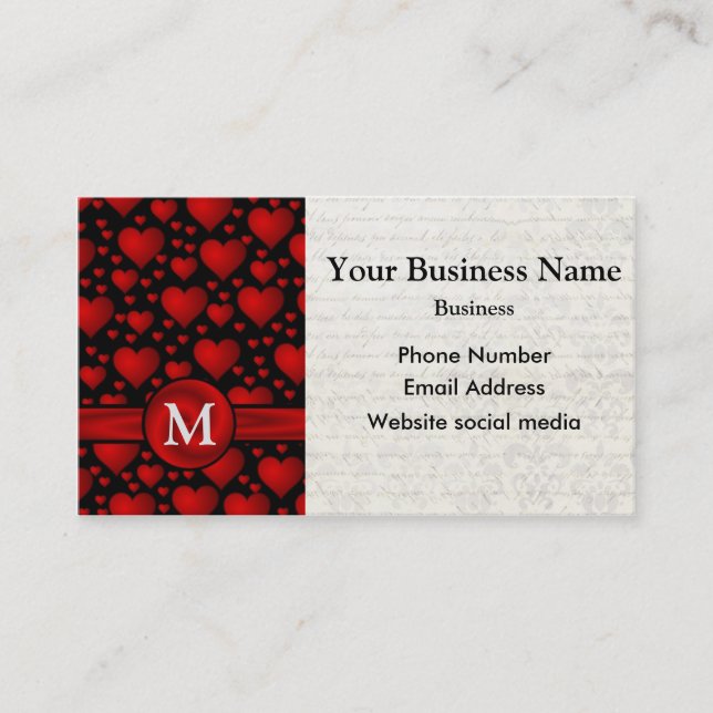 Monogrammed black and red heart pattern business card (Front)