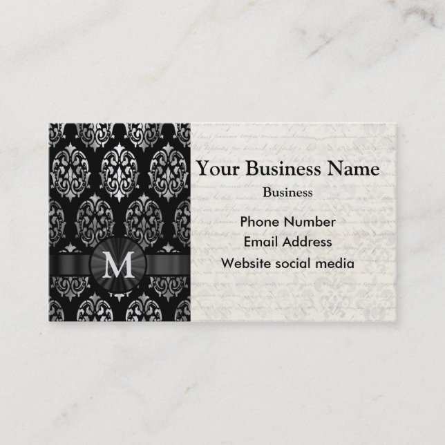 Monogrammed black and silver damask business card (Front)