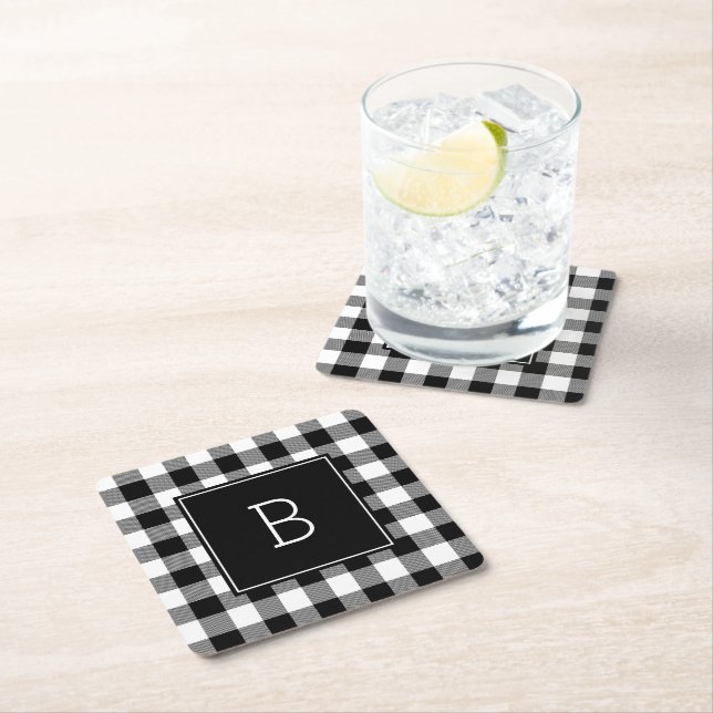Monogrammed Black and White Buffalo Plaid Square Paper Coaster (Insitu)