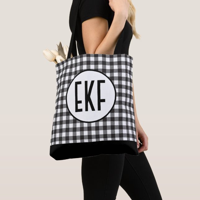 Monogrammed Black and White Buffalo Plaid Trendy Tote Bag (Close Up)