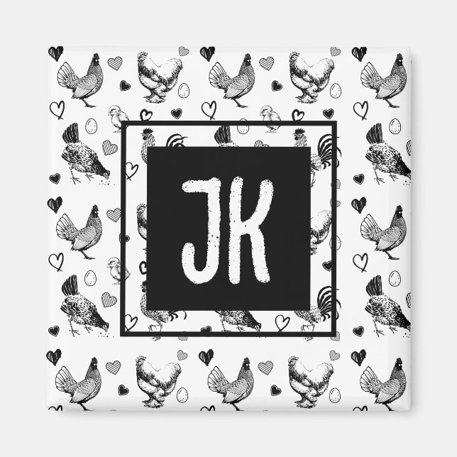Monogrammed Black and White Cartoon Chickens Magnet (Front)