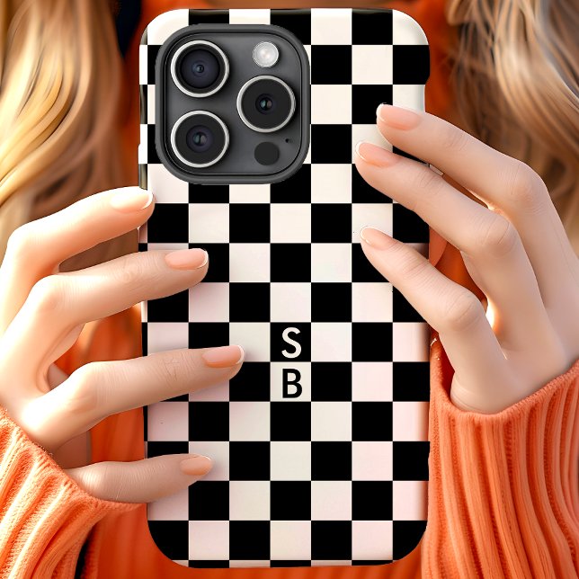 Monogrammed Black And White Chequerboard Pattern iPhone 15 Case (Creator Uploaded)