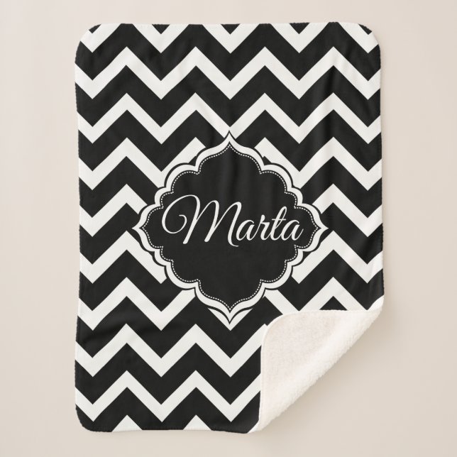 Monogrammed Black And White Chevron Sherpa Blanket (Front)