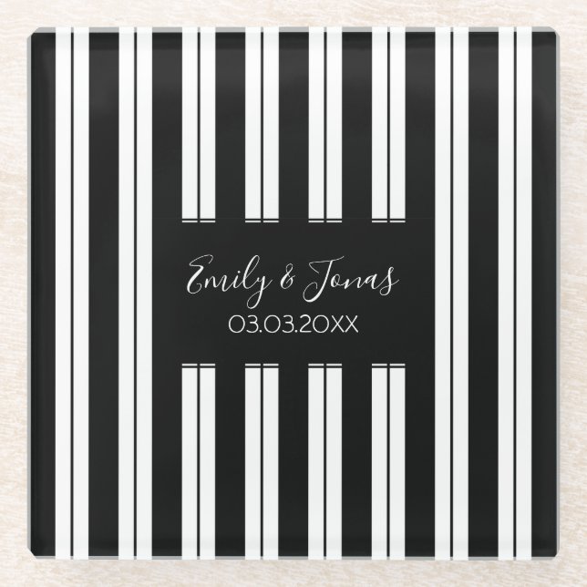 Monogrammed Black And White Lines And Stripes Glass Coaster (Front)