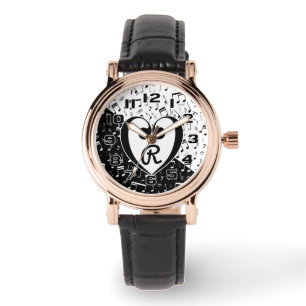 Monogrammed black and white love music watch