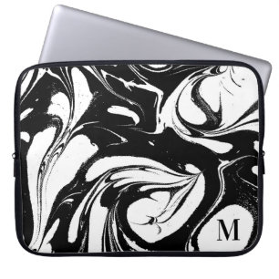 Monogrammed Black And White Marble Texture Laptop Sleeve