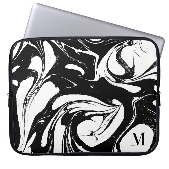 Monogrammed Black And White Marble Texture Laptop Sleeve (Front)