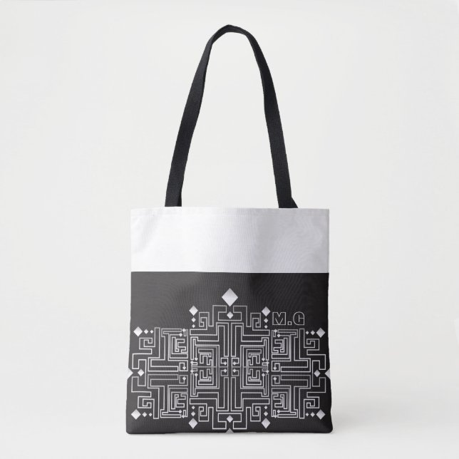 Monogrammed Black and White Maze Pattern Tote Bag (Front)