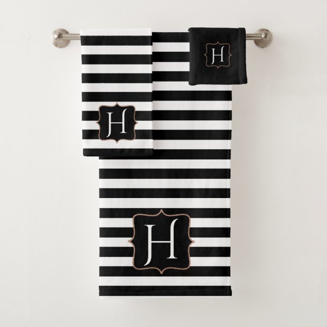 Monogrammed Black and White Striped Bath Towel Set (Insitu)