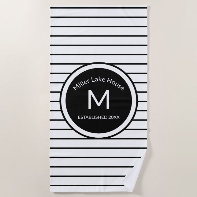 Monogrammed Black and White Striped Beach Towel (Front)