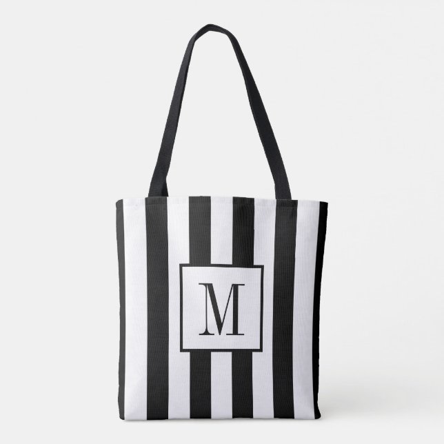 Monogrammed Black and White Striped Tote Bag (Back)