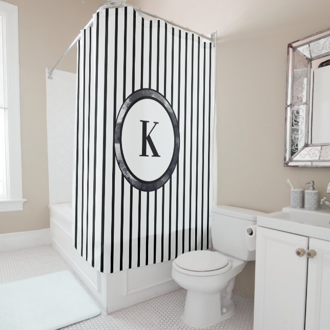 Monogrammed Black and White Stripes Shower Curtain (In Situ)