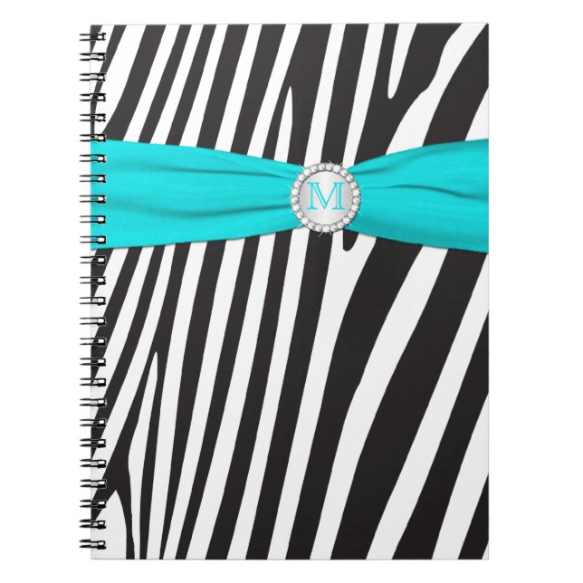 Monogrammed Black Aqua White Zebra Stripe Notebook (Front)