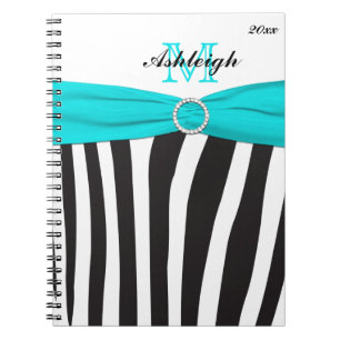 Monogrammed Black Aqua White Zebra Stripe Notebook