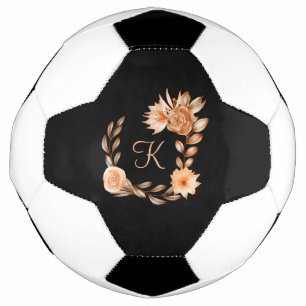 Monogrammed Black Brown and Peach Floral Soccer Ball