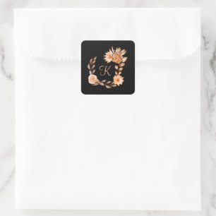 Monogrammed Black Brown and Peach Floral Square Sticker