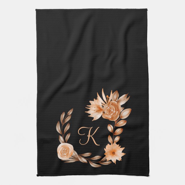 Monogrammed Black Brown and Peach Floral  Tea Towel (Vertical)