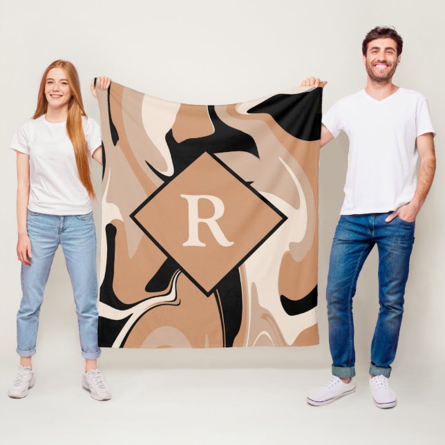 Monogrammed Black Brown Cream Marble Swirl Pattern Fleece Blanket (In Situ)